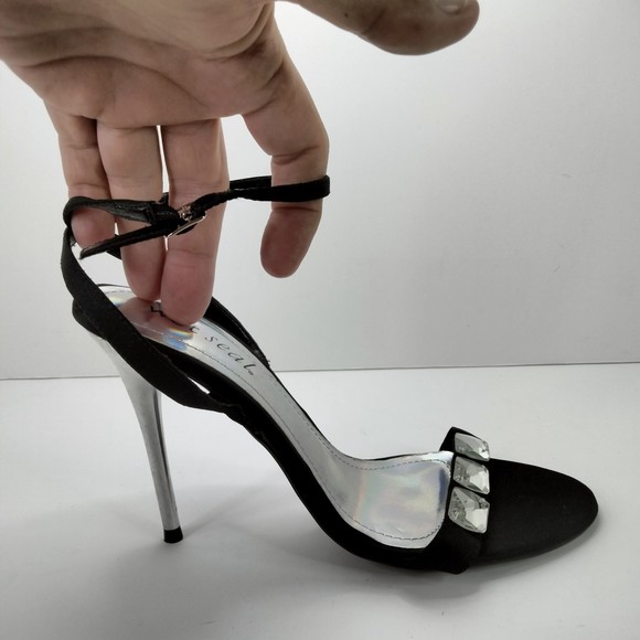 WET SEAL Sandals Ankle Strap Black Satin & Diamonds Silver 4.5" Stilettos Sz 9 - Picture 9 of 14